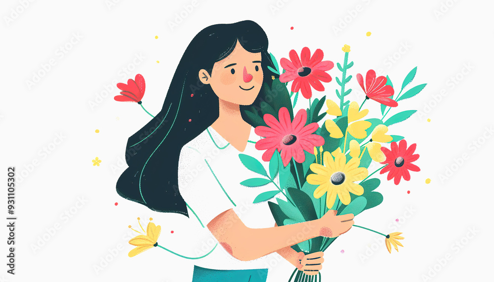 Woman with Long Black Hair Holding a Bouquet of Flowers Woman with Long Black Hair Holding a Bouquet of Flowers