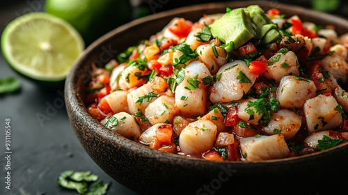 A seafood ceviche made with fresh fish lime cilant  403 food, vegetable, salad, vegetables, meal, dinner, healthy, pan, cooking, meat, chicken, tomato, dish, fresh, pepper, lunch, green, carrot, plate photo