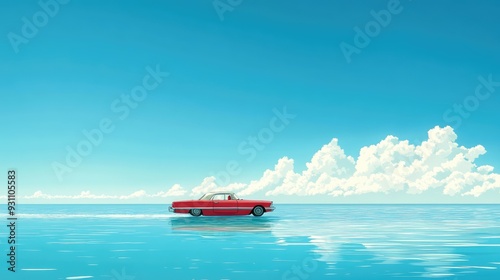 Anime scene of a retro two-carriage car speeding across a calm ocean under a clear sky, with no land in sight, just endless water.