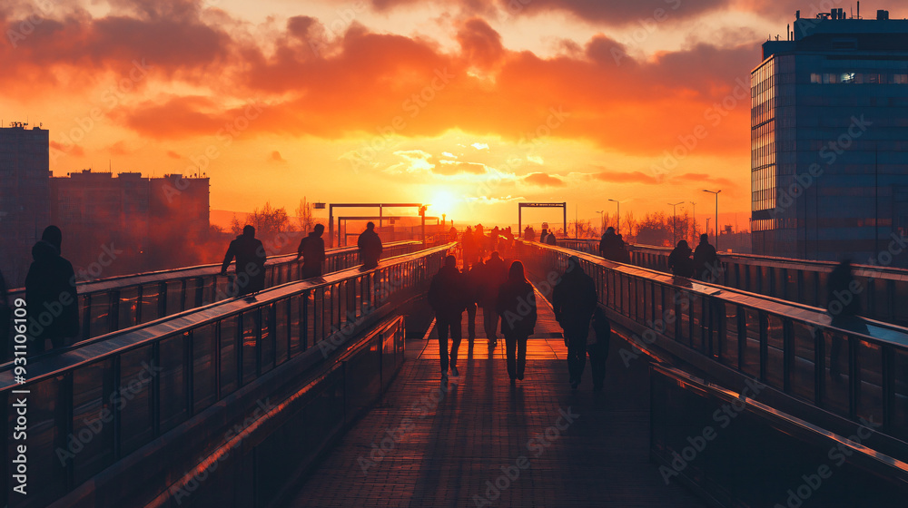 Fototapeta premium Sunrise over a bridge with commuters crossing, Monday morning, the journey begins1