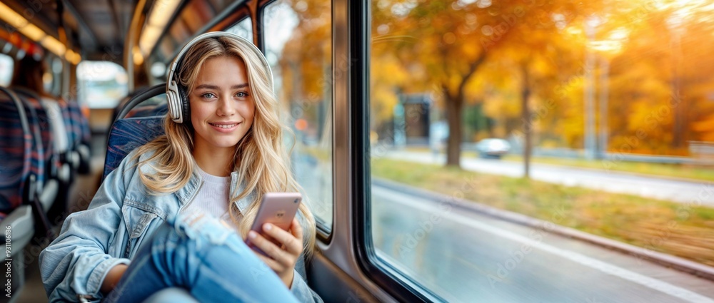 Fototapeta premium Woman in bus with phone. Girl in transport with smartphone and headphones. Young people inside train or tram. Happy person with music travel to city. Student passenger with mobile. Autumn window view