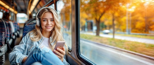 Woman in bus with phone. Girl in transport with smartphone and headphones. Young people inside train or tram. Happy person with music travel to city. Student passenger with mobile. Autumn window view