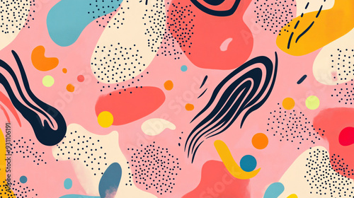 Vibrant abstract pattern with organic curves, flowing shapes, and scattered whimsical dots on a soft pink background 3 photo