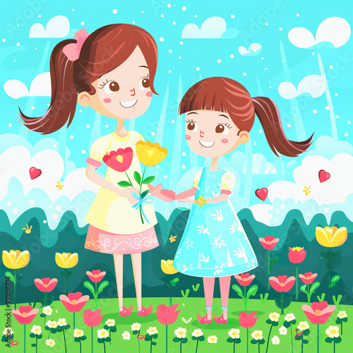 Two Smiling Girls Sharing Flowers in a Colorful Garden