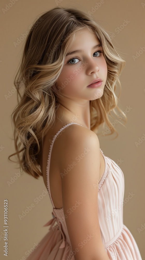 Naklejka premium Captivating Blonde Woman in Elegant Dress with Contemplative Expression
