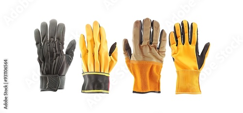 Four pairs of work gloves isolated on a white background. These gloves are durable and comfortable, perfect for a variety of tasks.