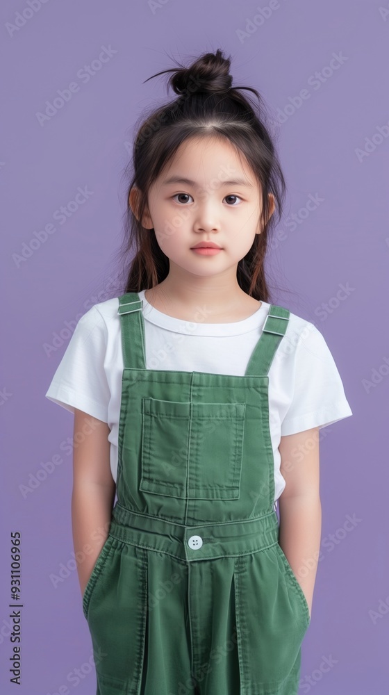 Cheerful Young Asian Girl in Green Overalls Posing for Portrait in Studio Cheerful Young Asian Girl in Green Overalls Posing for Portrait in Studio