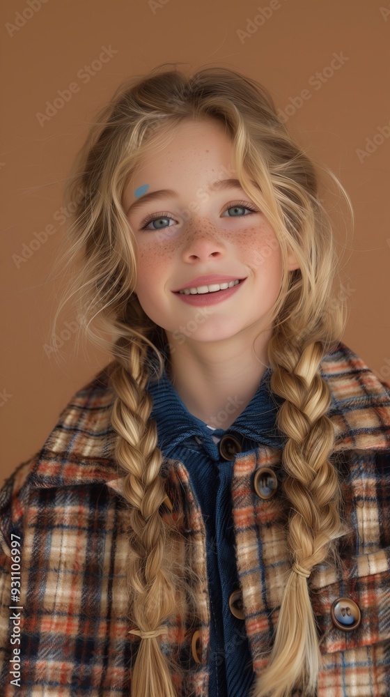 Cheerful Young Blond Girl with Curly Hair Wearing Plaid Shirt in Outdoor Nature Setting