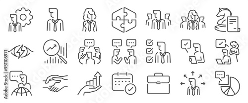 Management icon set. It includes businessmen, businesswomen, business, managers, managers, and more icons. Editable Vector Stroke.
