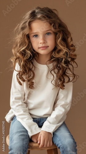 Cheerful Young Caucasian Girl with Curly Blonde Hair Wearing Casual Outfit photo