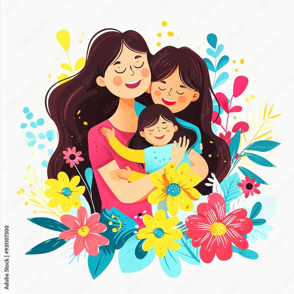 A mother and her two daughters embraced in a floral frame A mother and her two daughters embraced in a floral frame