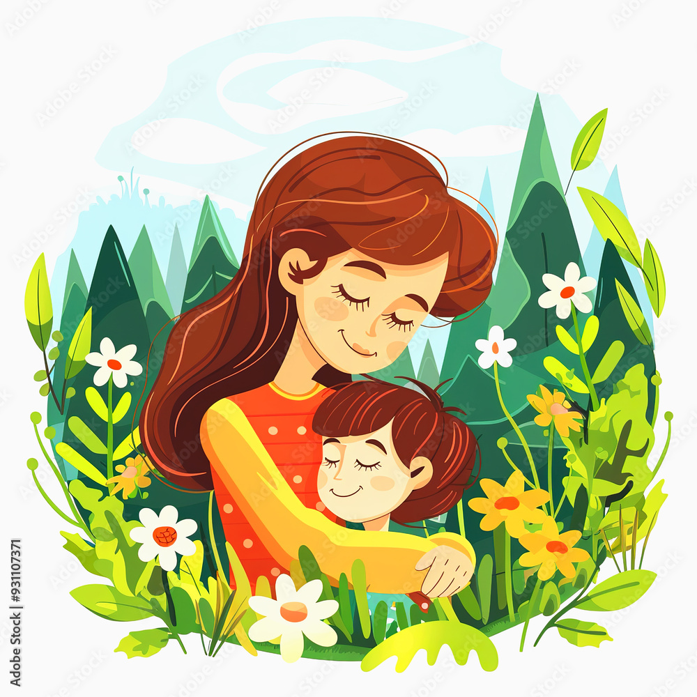 Mother and Child Embracing in a Flowery Meadow Mother and Child Embracing in a Flowery Meadow