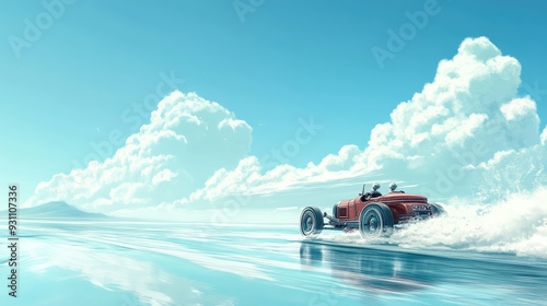 A calm ocean with a retro two-carriage car speeding across the water under a clear blue sky in a surreal anime world.