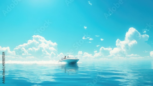 A calm ocean with a retro two-carriage car speeding across the water under a clear blue sky in a surreal anime world.