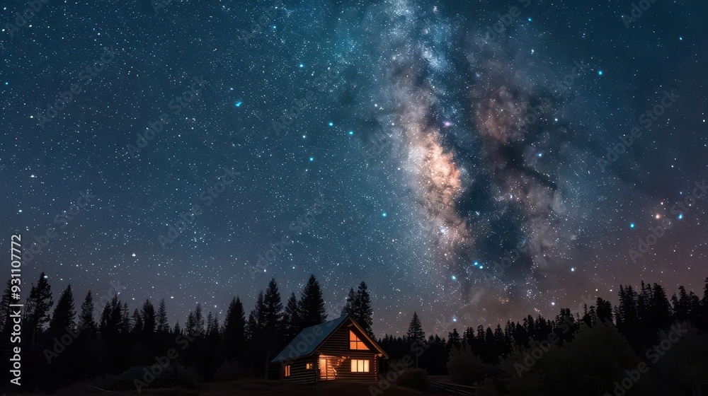 The Milky Way over a remote cabin in the woods, with the cabin warmly lit from inside, astrophotography, Milky Way, cabin night