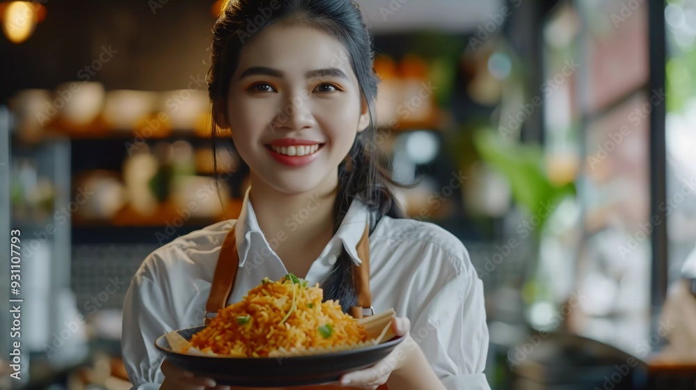 beautiful bartender asian woman holding a fried rice in the restaurant beautiful bartender asian woman holding a fried rice in the restaurant