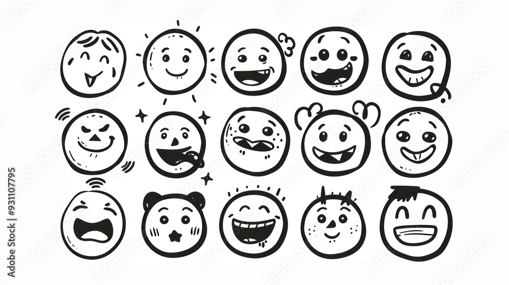 Collection of 16 Hand-Drawn Doodle Emojis with Funny Expressions.