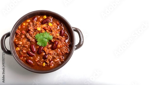 Chili con carne in a bowl with cilantro garnish