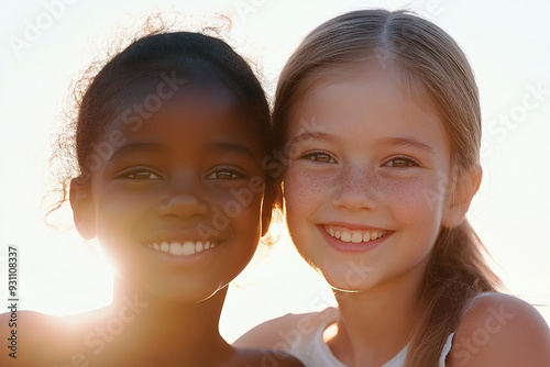 A group of children are playing happily in the sun. Children of different skin colors and nationalities are suitable for education and peace, showing strong tolerance.