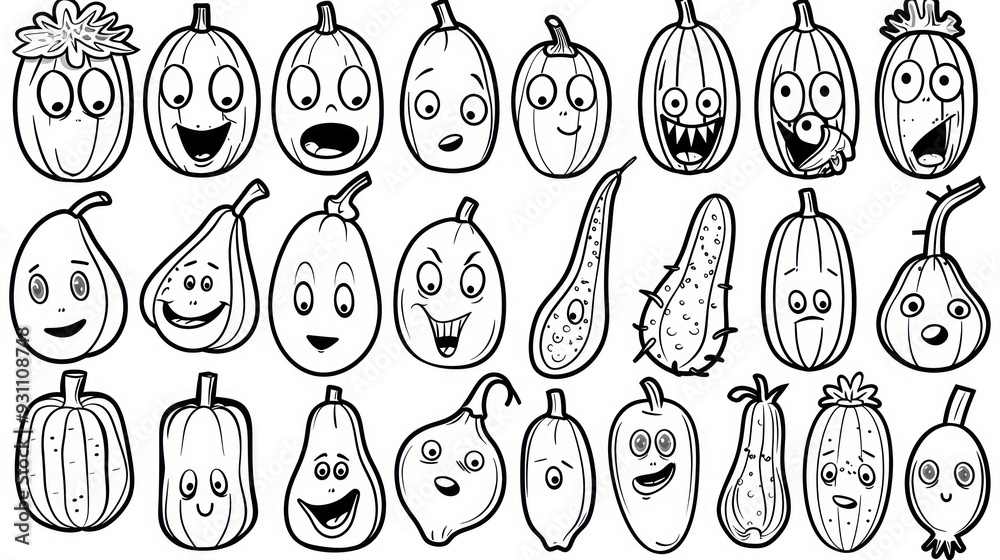 A collection of 24 cartoon pumpkins with different facial expressions, perfect for coloring. A collection of 24 cartoon pumpkins with different facial expressions, perfect for coloring.