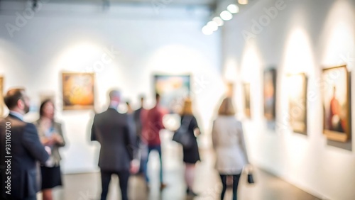 Blurred background of guests admiring artwork at an art gallery opening.
 photo