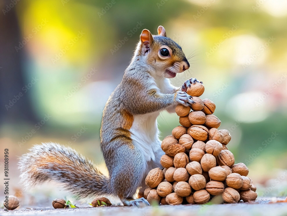 Fototapeta premium Squirrel with nut sky leaves forest.