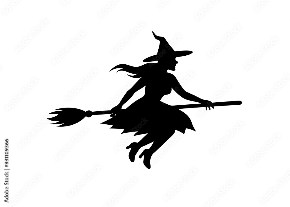 Obraz premium Silhouette of a Witch on a broomstick isolated vector on a white background