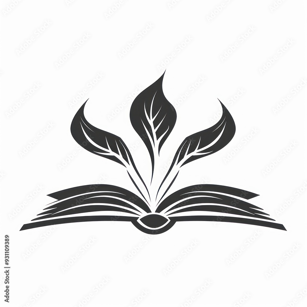 Black and white illustration of an open book with leaves growing from the pages. Black and white illustration of an open book with leaves growing from the pages.
