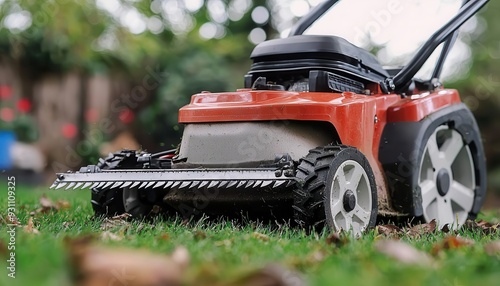 Maintenance routine for a lawn mower, with blades being carefully sharpened and adjusted, ready for efficient grass trimming and a perfectly manicured lawn photo