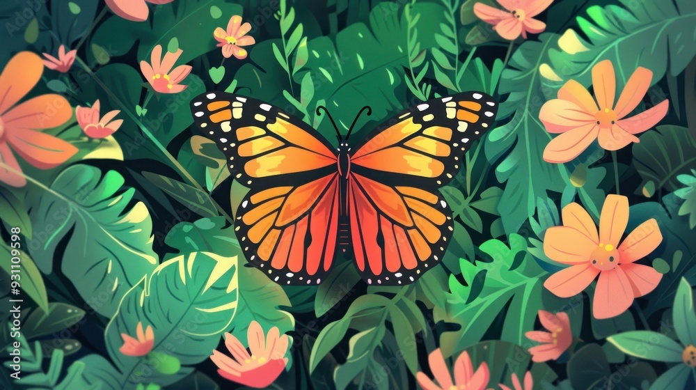 A colorful butterfly rests on a lush green foliage background.