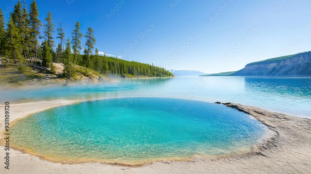 Fototapeta premium Vibrant blue hot spring surrounded by a yellow rim in a serene lake with mountain backdrop.