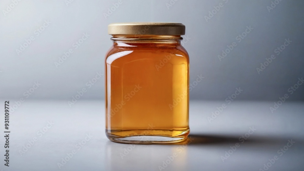 Clear glass jar has gold lid filled with honey, placed on grey surface. Generative AI