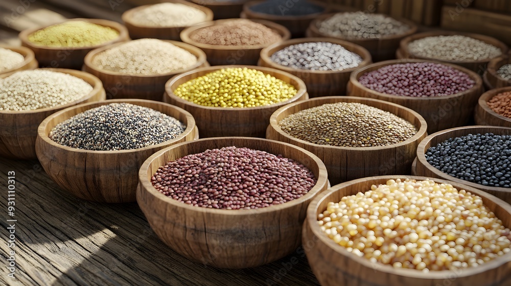 Assorted Organic Grains in Wooden Bowls 3D for Healthy Lifestyle and Nutrition Concept Assorted Organic Grains in Wooden Bowls 3D for Healthy Lifestyle and Nutrition Concept