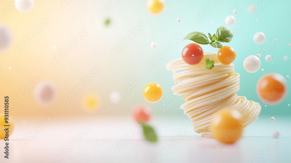 Floating stack of pasta with tomatoes, basil, and colorful orbs. Floating stack of pasta with tomatoes, basil, and colorful orbs.