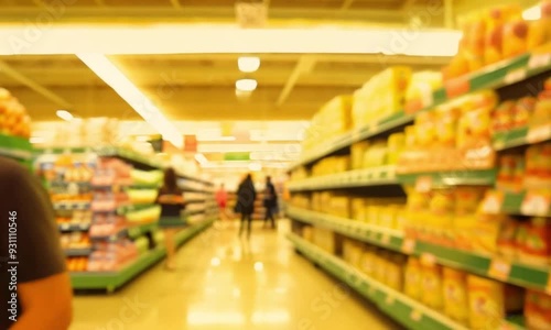 Wallpaper Mural An abstract, blurry video of a grocery store interior with shelves full of products and people shopping.  Torontodigital.ca