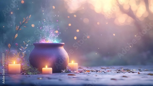 A 3D witch cauldron bubbling with colorful potions, surrounded by glowing candles and mystical herbs, designed with intricate details for a magical Halloween ambiance