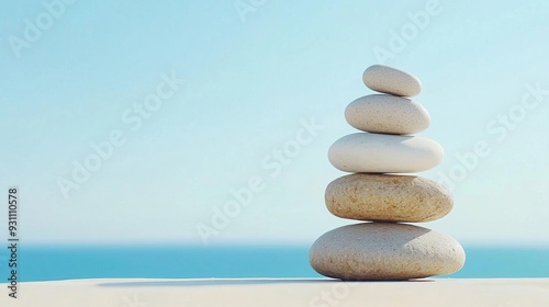 Stack of white stones on a sandy beach with blue sky and ocean in the background.