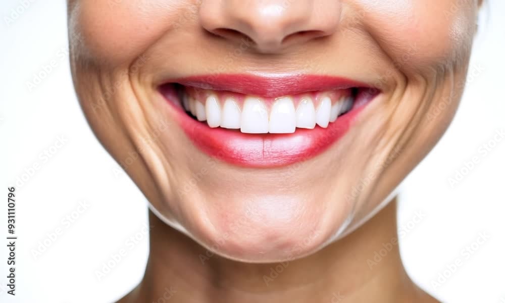 A close-up of a woman's bright, healthy smile, showcasing her white teeth and red lipstick. A close-up of a woman's bright, healthy smile, showcasing her white teeth and red lipstick.