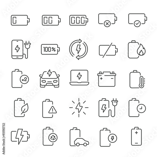 Battery thin line icons collection. Editable stroke. For website marketing design, logo, app, template, ui, etc. Vector illustration.