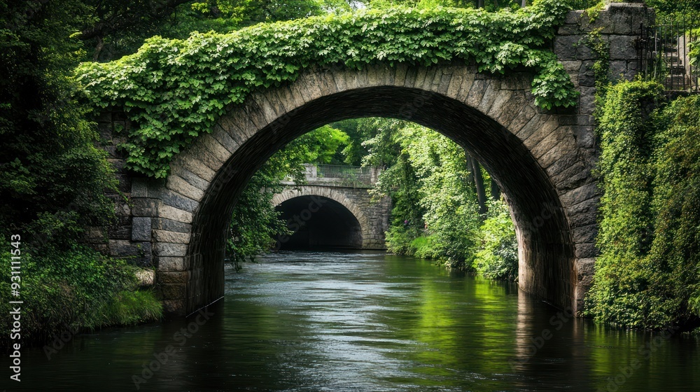 Stone Arch Bridge Over River in Lush Green Forest Stone Arch Bridge Over River in Lush Green Forest