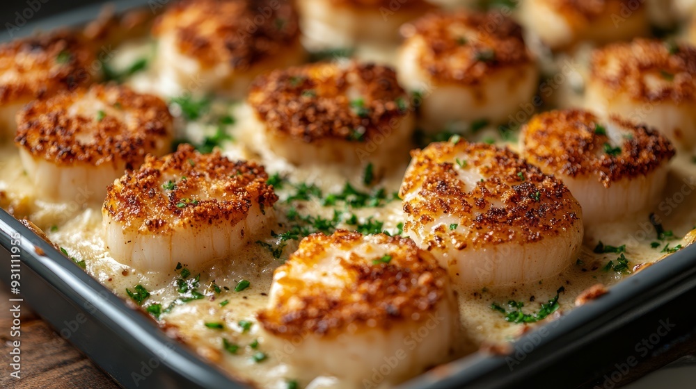 Baked scallops in a creamy garlic sauce with a gol 309 Baked scallops in a creamy garlic sauce with a gol 309