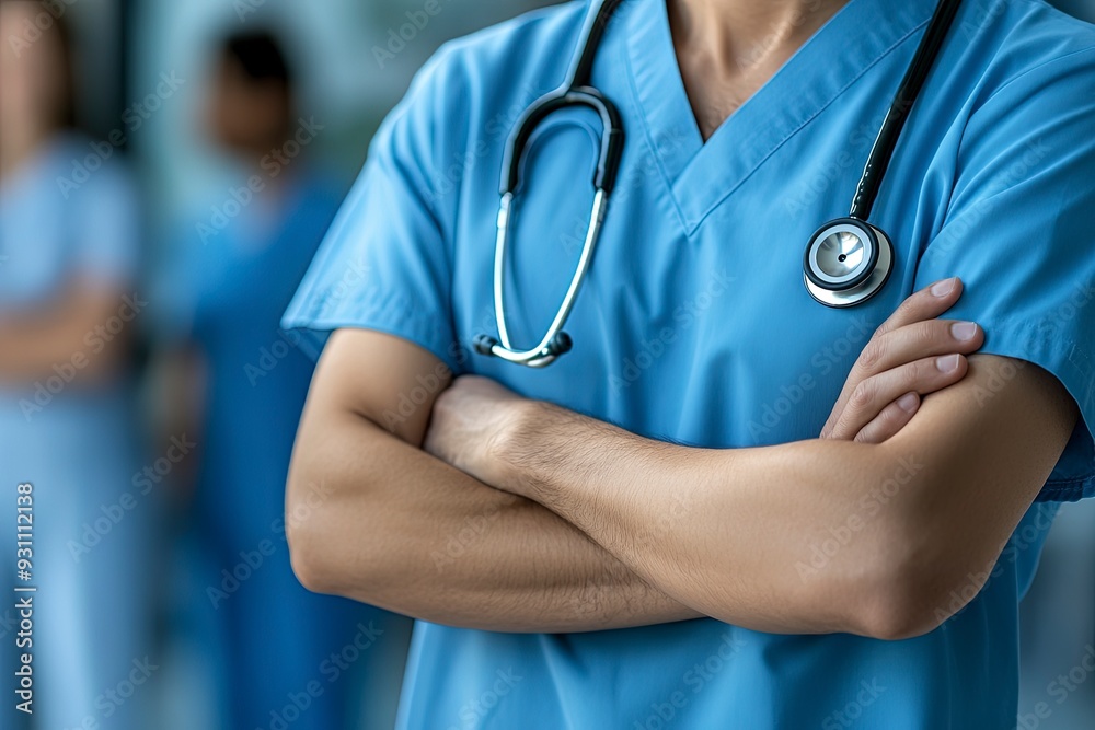 A close-up of a healthcare professional in scrubs with arms crossed and a stethoscope around their neck, with a blurred background of medical staff in a hospital or clinic setting. Generative ai A close-up of a healthcare professional in scrubs with arms crossed and a stethoscope around their neck, with a blurred background of medical staff in a hospital or clinic setting. Generative ai