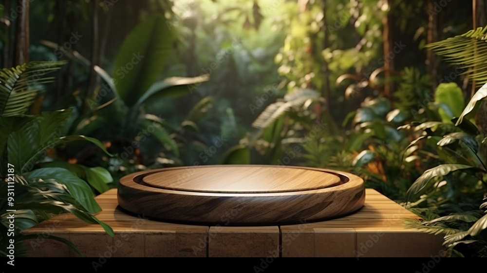 Wooden podium in tropical forest for product presentation Wooden podium in tropical forest for product presentation