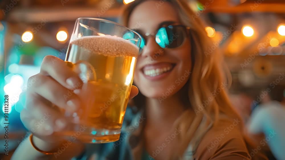 Happy woman enjoying a refreshing beer at a lively bar. Happy woman enjoying a refreshing beer at a lively bar.