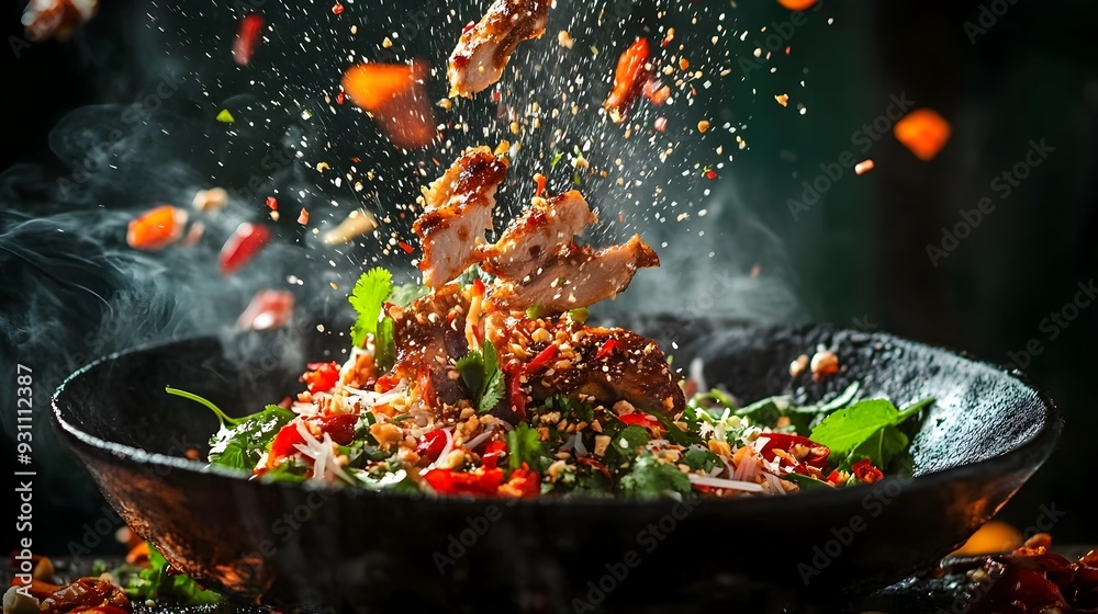 Grilled Chicken and Som Tam Thai Salad Tossed Dramatically with Vibrant Lighting Grilled Chicken and Som Tam Thai Salad Tossed Dramatically with Vibrant Lighting