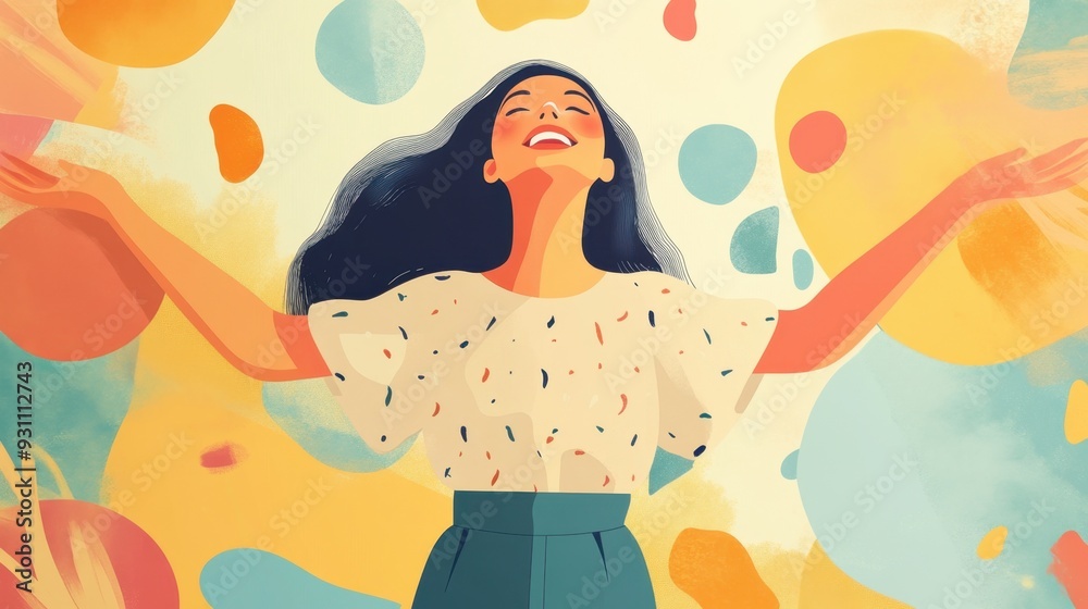 Happy woman concept represented by an abstract illustration of joy and positivity, expressed through soft colors and shapes. Happy woman concept represented by an abstract illustration of joy and positivity, expressed through soft colors and shapes.