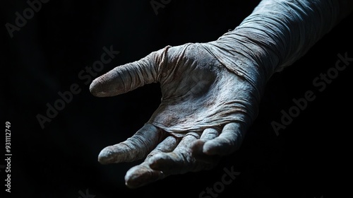 Ancient Reach: A timeworn, bandaged hand emerges from darkness, its weathered texture telling tales of ages past.