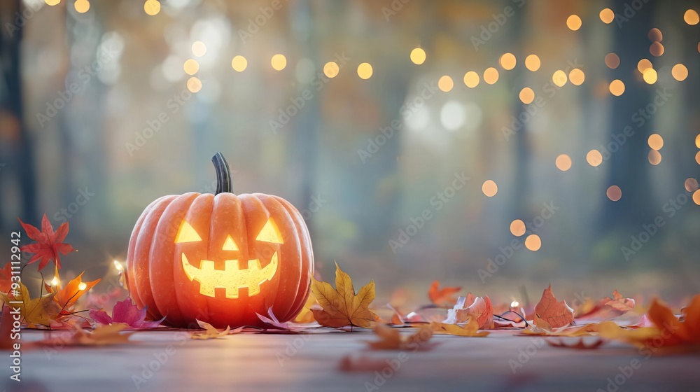 Lit jack-o-lantern with autumn leaves, festive Halloween background. Lit jack-o-lantern with autumn leaves, festive Halloween background.