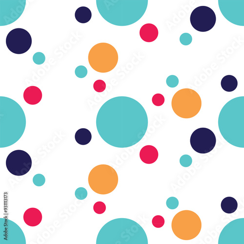 A Seamless polka dot pattern with muilti-colored dots red, blue, pink on white background