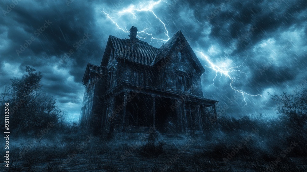 eerie haunted house standing alone under a stormy sky with lightning, evoking a spooky and mysterious atmosphere. eerie haunted house standing alone under a stormy sky with lightning, evoking a spooky and mysterious atmosphere.
